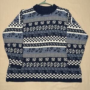 VTG Rose Womens Vintage 80s Nordic Fair Isle Pullover Sweater Size XL Blue White
